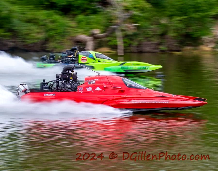 Red and green drag boats racing side by side, photographed by DGillenPhoto.com